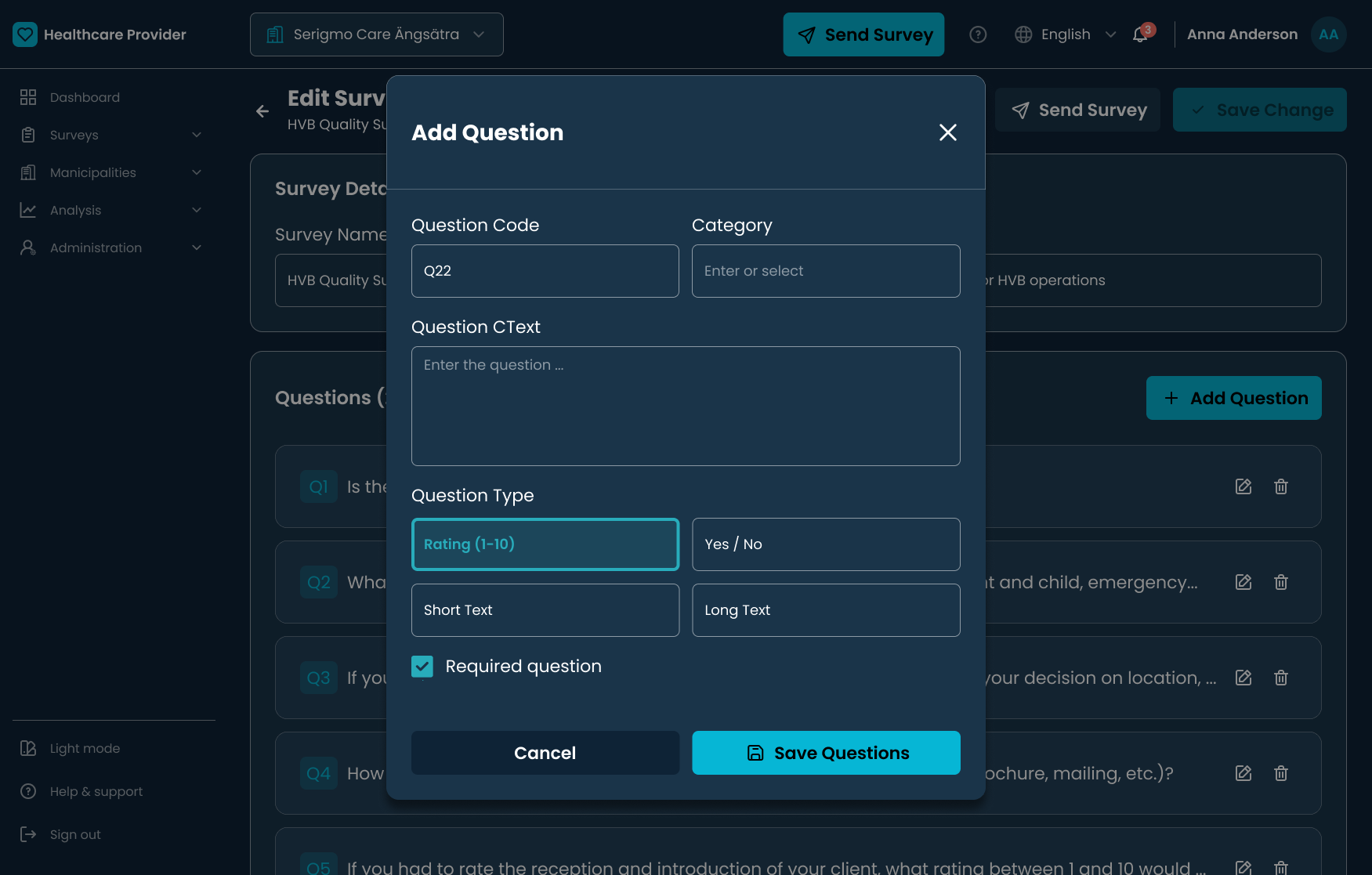 Add question panel with question type, category, and required-field settings.